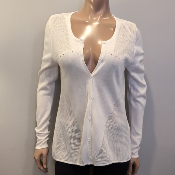 Laura Open Mesh Knit Cardigan Buttoned Front Eyelet Ivory White Sweater Medium - Picture 8 of 10